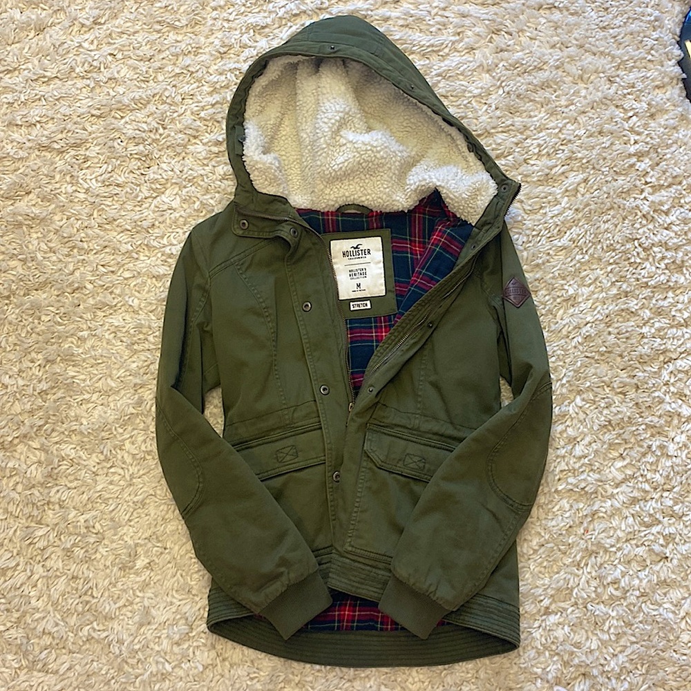 Hollister Olive Green Winter Jacket- red and navy plaid interior